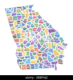 Cloud di parole della contea della Georgia. Design della forma dello stato. Illustrazione colorata Georgia. I nomi delle contee collage cloud. Illustrazione vettoriale. Illustrazione Vettoriale