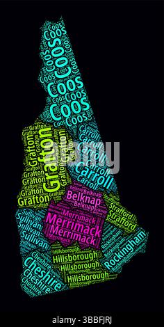 New Hampshire Regions Word Clouds. Design tipografico luminoso su sfondo scuro. I nomi delle regioni del New Hampshire tag cloud. Forma del contorno. Illustrazione Vettoriale