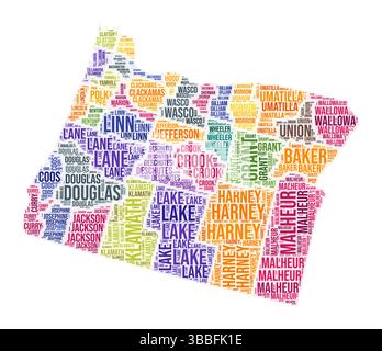 Cloud di parole della contea dell'Oregon. Design della forma dello stato. Illustrazione colorata Oregon. I nomi delle contee collage cloud. Illustrazione vettoriale. Illustrazione Vettoriale