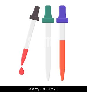 Strumento di ricerca pipette per il prelievo di campioni. Semplice icona della pipetta. Pipetta riempita con liquido. Illustrazione Vettoriale