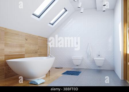 Bagno bianco pulito con design moderno e lucernario. rendering 3d. Foto Stock