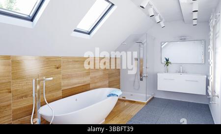 Luminoso bagno attico con lucernario e pareti in legno. rendering 3d. Foto Stock