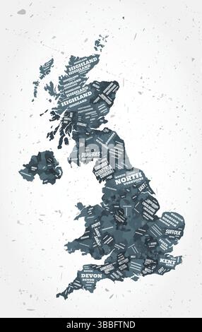 Nuvole di parole nelle regioni del Regno Unito. Forma del paese su sfondo testurizzato. Design del Regno Unito in stile tipografico. Elegante illustrazione vettoriale. Illustrazione Vettoriale