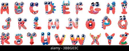 Alfabeto colorato a tema mostro con personaggi stravaganti. Design audace e vivace, ideale per progetti e materiali didattici per bambini Illustrazione Vettoriale