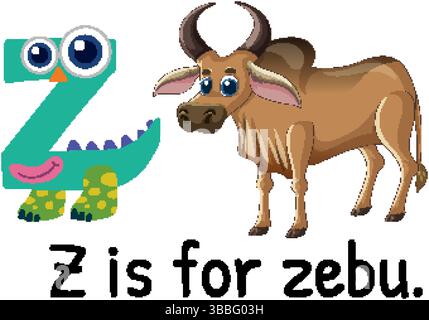 Illustrazione vettoriale colorata della lettera Z con un cartone animato zebu. Design divertente adatto per materiali didattici Illustrazione Vettoriale