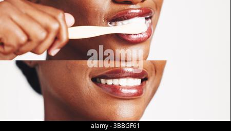 Spazzolino da denti, sorriso e bocca della donna in studio per il benessere, lo spazzolino e la pulizia dei denti. Primo piano, sbiancamento e collage di persona per l'igiene orale Foto Stock