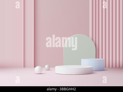 Scena 3D rosa pastello caratterizzata da un podio cilindrico bianco, cilindro azzurro e due sfere su una superficie rosa tenue con strisce verticali e un mut Illustrazione Vettoriale