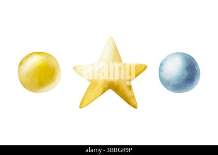 Perline, palle, set di stelle dorate. Acquerello illustrazione disegnata a mano isolata su sfondo, png trasparente. Elementi di design per la doccia per bambini. Festa Foto Stock