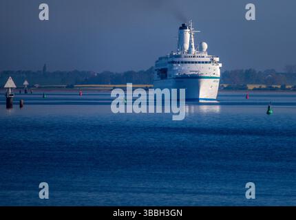 Wismar, Germania. 1° maggio 2025. La nave da crociera MS "Deutschland" naviga verso il porto in mattinata. L'ex nave da sogno ZDF apre la stagione delle crociere 2025 nella città Patrimonio dell'Umanità. Dopo nove chiamate l'anno scorso, ora ci sono otto date fisse per la stagione 2025. Crediti: Jens Büttner/dpa/Alamy Live News Foto Stock