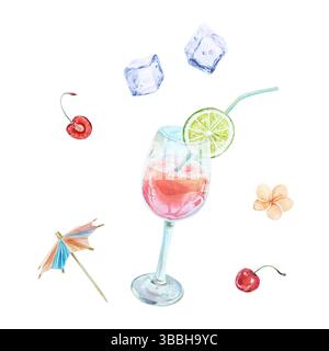 Cocktail rosa in calice di vetro, cubetti di ghiaccio, ciliegia, spicchio di lime, paglia, ombrello. Illustrazione ad acquerello disegnata a mano isolata su bianco. Cartoline Foto Stock
