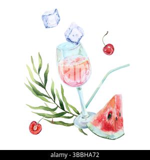 Cocktail rosa in calice di vetro, cubetti di ghiaccio, fetta di anguria, ciliegia, foglia di palma, paglia. Illustrazione ad acquerello disegnata a mano isolata. Per cartoline Foto Stock