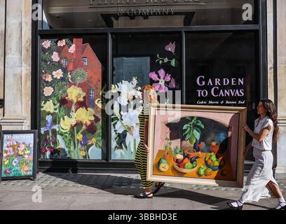 Philip Mould & Co, Gallery, Londra, Regno Unito. 16 maggio 2025. I membri dello staff della Philip Mould and Company si preparano per Una nuova mostra che riunisce una selezione esuberante di dipinti floreali di Cedric Morris che hanno ispirato e informato il rinvigorimento dello storico giardino dell'artista Suffolk negli ultimi due anni.20 maggio - 18 giugno 2025.Paul Quezada-Neiman/Alamy Live News crediti: Paul Quezada-Neiman/Alamy Live News Foto Stock