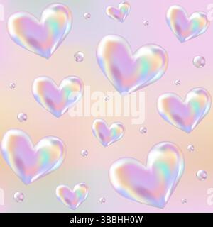 motivo olografico 3d retro 90 senza cuciture. Chrome Hearts in stile Y2K su sfondo rosa, arancione sfumato. Estetica galassia del futuro, grafica 3D cromata a bolle. Arte astratta lucida in metallo. Illustrazione Vettoriale