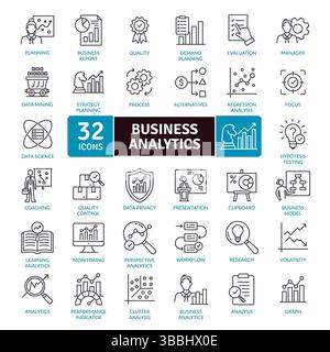 Icone di Business Analytics: Analisi dei dati e approfondimenti Illustrazione Vettoriale