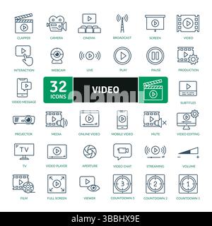 Icone distinte relative a video e contenuti multimediali: 32 illustrazioni Professional Line Illustrazione Vettoriale