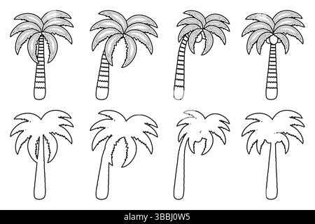Pagina da colorare estiva delinea un insieme di palme con noci di cocco. Silhouette della collezione di palme da cocco. Ideale per divertirsi, d'estate, stagionali, BE Illustrazione Vettoriale