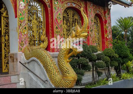 Statue di draghi colorate all'interno e all'esterno del tempio buddista Wat in Thailandia. Tradizionale architettura buddista religiosa tailandese con statue Foto Stock