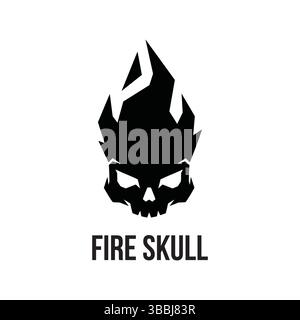 Concept di design del logo della testa del cranio antincendio. Illustrazione del simbolo di fuoco del cranio d'epoca, vettore. Illustrazione Vettoriale