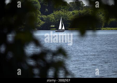 Essen, Germania. 16 maggio 2025. I marinai approfittano del bel tempo e si trovano sul lago Baldeney. Rimane caldo nella Renania settentrionale-Vestfalia verso la fine della settimana. La domenica, le nuvole aumenteranno e ci saranno docce a pioggia isolate. Crediti: Federico Gambarini/dpa/Alamy Live News Foto Stock