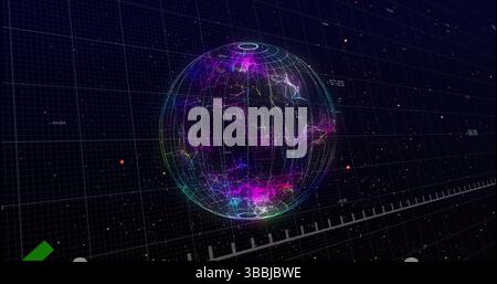 Struttura a reticolo olografico galleggiante che si illumina nello spazio dati, con assi della griglia ed etichette numeriche Foto Stock