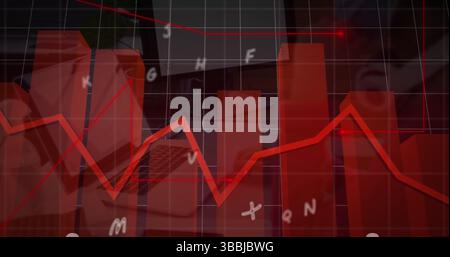 Visualizzazione di grafici a barre 3D rossi e grafici a linee rosse fluttuanti sulla griglia dell'ufficio, con tastiera per notebook Foto Stock