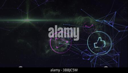 Visualizzazione dell'icona del pulsante di riproduzione magenta fluttuante nella rete cosmica nello spazio, con icone al neon Foto Stock