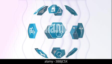Griglia sferica galleggiante con icone esagonali mediche blu in design digitale, con pannelli pastello Foto Stock