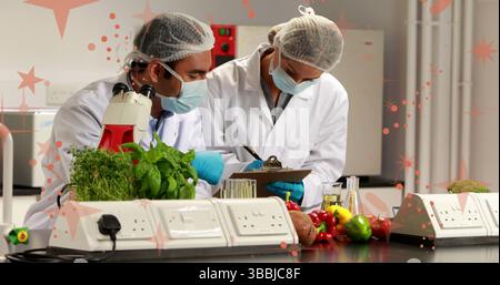 Revisione degli scienziati che registrano campioni vegetali presso il laboratorio di analisi degli alimenti, con portadocumenti e microscopio Foto Stock