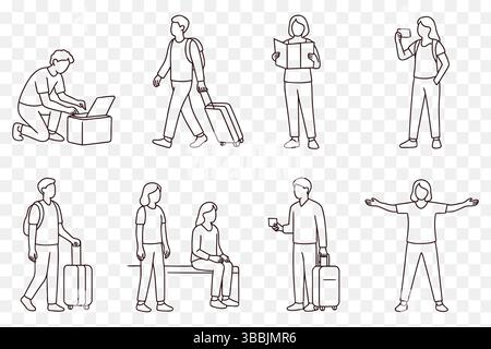 Minimalista Line Art Set di viaggi ed esplorazioni - turisti, bagagli e avventure in città Illustrazione Vettoriale
