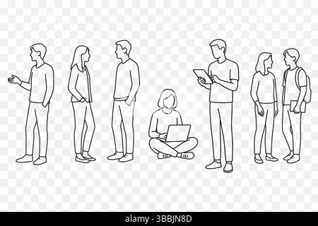 Minimalista Line Art Set di studenti e giovani professionisti che parlano, studiano e utilizzano la tecnologia Illustrazione Vettoriale