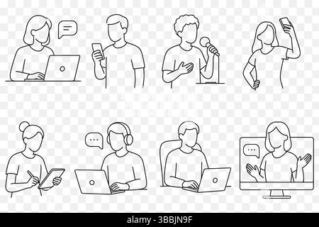 Set minimalista di creatori di contenuti e comunicatori digitali: Social media, lavoro da casa e presenza online Illustrazione Vettoriale