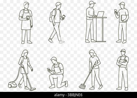Set minimalista di operai e professionisti del lavoro: Pulizia, consegna e attività quotidiane Illustrazione Vettoriale