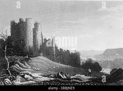 Penrice Castle, un castello del XIII secolo situato vicino a Penrice, Swansea, sulla penisola di Gower, Galles. Fu costruita dalla famiglia de Penrice, a cui fu concessa la terra per il loro ruolo nella conquista normanna di Gower. Da un disegno e un'incisione di Dugdales, intorno al 1820. Da un album vittoriano ed edoardiano che sembra essere stato compilato da una persona senza nome. Foto Stock