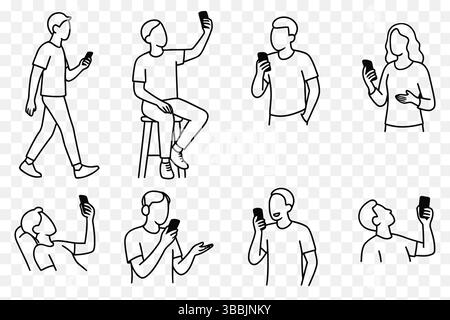 Minimalista Line Art di persone che utilizzano smartphone nelle situazioni quotidiane Illustrazione Vettoriale