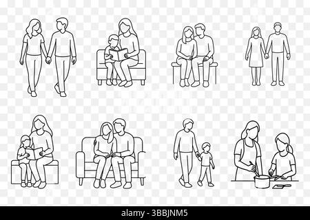 24. Minimalista Line Art Set di momenti in famiglia: Genitori, Unione, lettura, camminata e cucina insieme Illustrazione Vettoriale