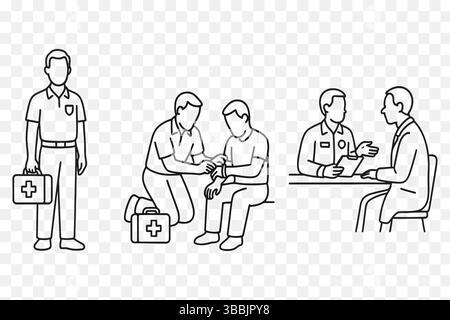 irst Aid Vector Line Art – illustrazioni di pronto soccorso medico e cura del paziente Illustrazione Vettoriale