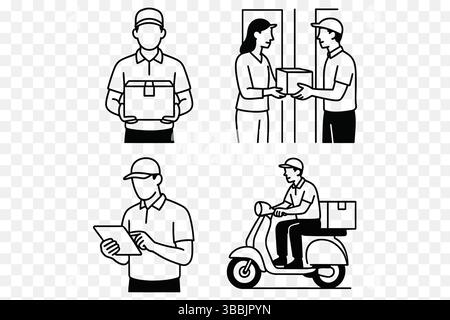 Lavoratori minimalisti che operano nel settore delle consegne con pacchetti e scooter Illustrazione Vettoriale