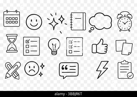 Icone minimaliste Line Art: Produttività, pianificazione e set routine quotidiana Illustrazione Vettoriale