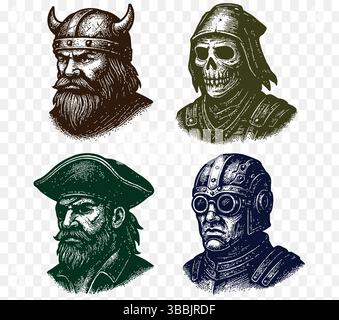Set di teste di guerriero con incisioni vintage: Vichingo, pirata, cavaliere teschio, aviatore retrò Illustrazione Vettoriale