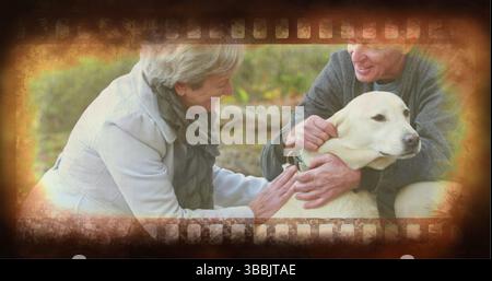 Sorridente coppia senior in ginocchio sull'erba nel parco, accarezzare il Labrador retriever giallo con il collare Foto Stock