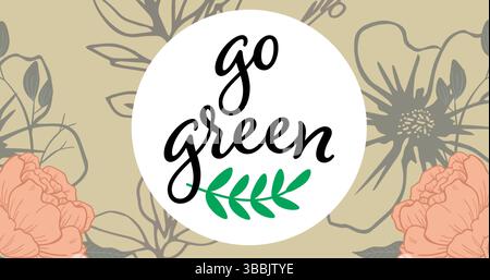 Testo verde e icona delle foglie sul banner rotondo sullo sfondo floreale Foto Stock