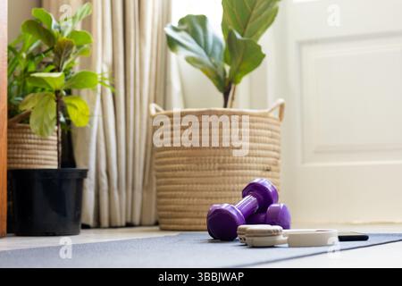 Un paio di manubri viola si appoggia sul tappetino da yoga vicino alla porta bianca, circondato da piante verdi Foto Stock