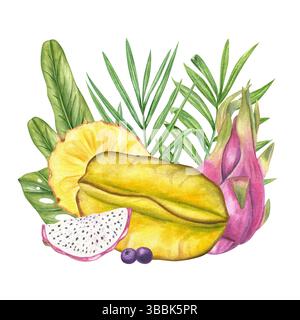 Illustrazione di frutti tropicali e frutti di bosco ad acquerello sfondo isolato. Carambola, pitaya, fetta di ananas e mirtilli circondati da foglie lussureggianti. Foto Stock