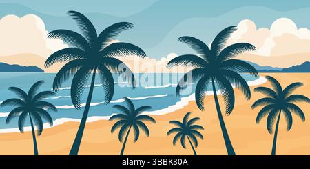 paesaggio estivo tropicale di spiaggia, illustrazione vettoriale piatta con vista sull'oceano e profili di palme. Illustrazione Vettoriale
