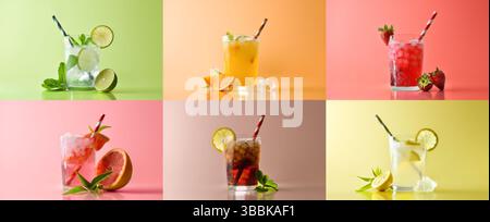 Raccolta di bevande rinfrescanti con ghiaccio in una tazza di vetro decorata con fette e cannucce con ingredienti e foglie con colorato bac isolato Foto Stock