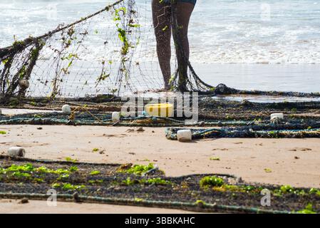 Mezzo corpo di un pescatore non identificato che tira una rete da pesca. specialità di pesce, hobby. Brasile Foto Stock