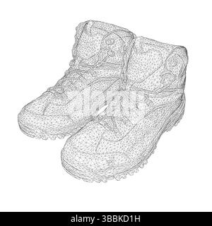 Un paio di scarpe sono mostrate in un disegno bianco e nero. Le scarpe sono usurate e hanno un aspetto usurato. Il disegno è di un paio di scarponi da trekking Illustrazione Vettoriale