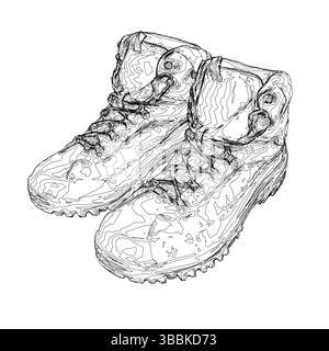 Il disegno di un paio di scarponi da trekking è in bianco e nero. Le cuffie sono usurate e hanno un aspetto usurato. Concetto di avventura ed esplorazione Illustrazione Vettoriale