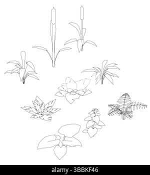 Un disegno di varie piante e fiori in bianco e nero. Il disegno è di dimensioni e forme diverse, con alcune piante più alte di altre. T Illustrazione Vettoriale
