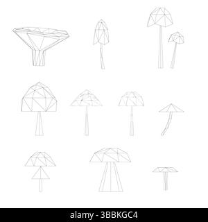 Una serie di disegni di funghi. I funghi hanno forme e dimensioni diverse. La scena è stravagante e giocosa Illustrazione Vettoriale